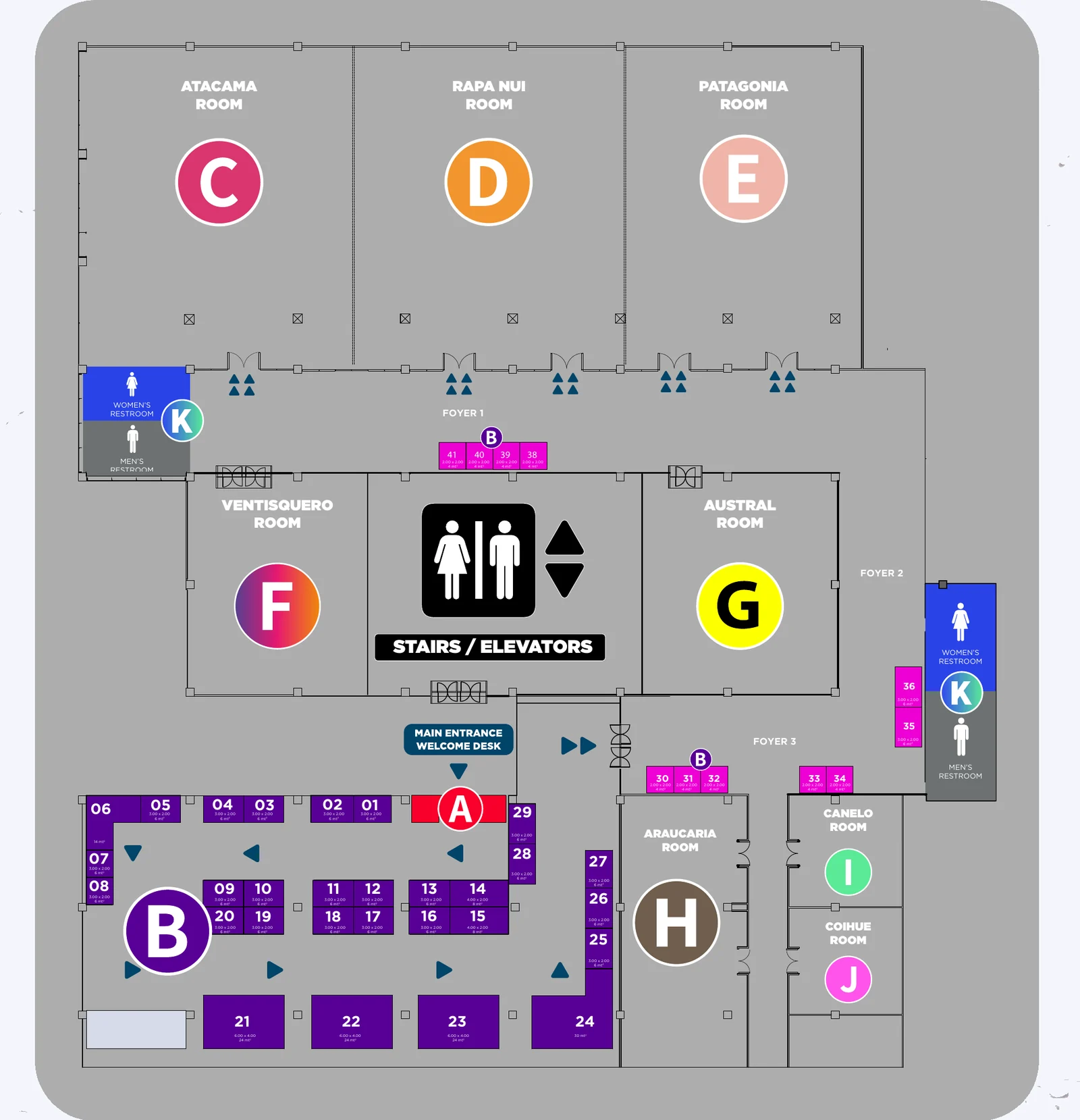 Plano de Centro Parque. La entrada está abajo y Atacama, Rapa Nui y Patagonia arriba.